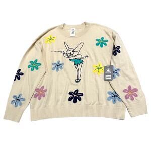 Tinkerbell Sweater Womens XL Disney‎ Peter Pan 70th Embroidered Flowers Crew Top